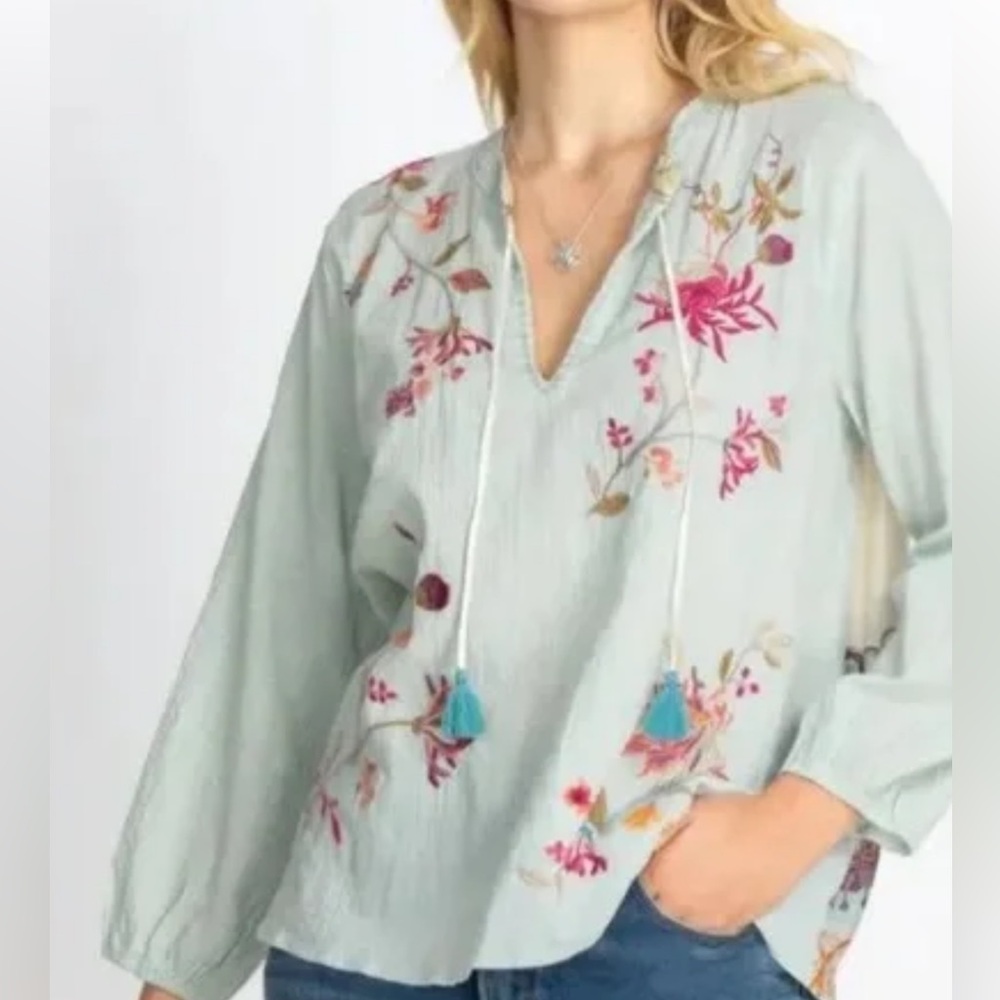 JOHNNY WAS SILK EMBROIDERED BOHEMIAN FLORAL Scarf Back Blouse